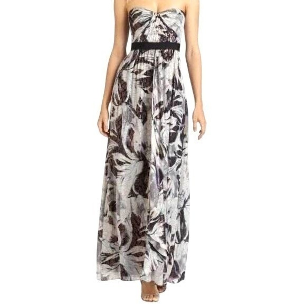 BCBGMAXAZRIA Auriel Gown‎ Silk Metallic Floral Strapless Maxi Dress Formal Sz 4